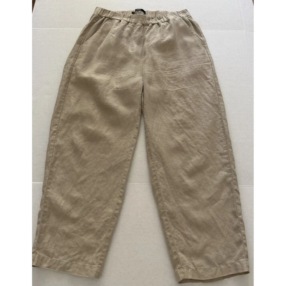 Quince Pants Womens Medium Beige 100% Linen Pull On Elastic Waist Pockets Luxury